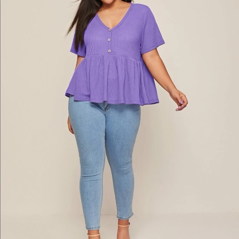 NWOT: Purple, ruffle hem, waffle knit shirt with faux buttons